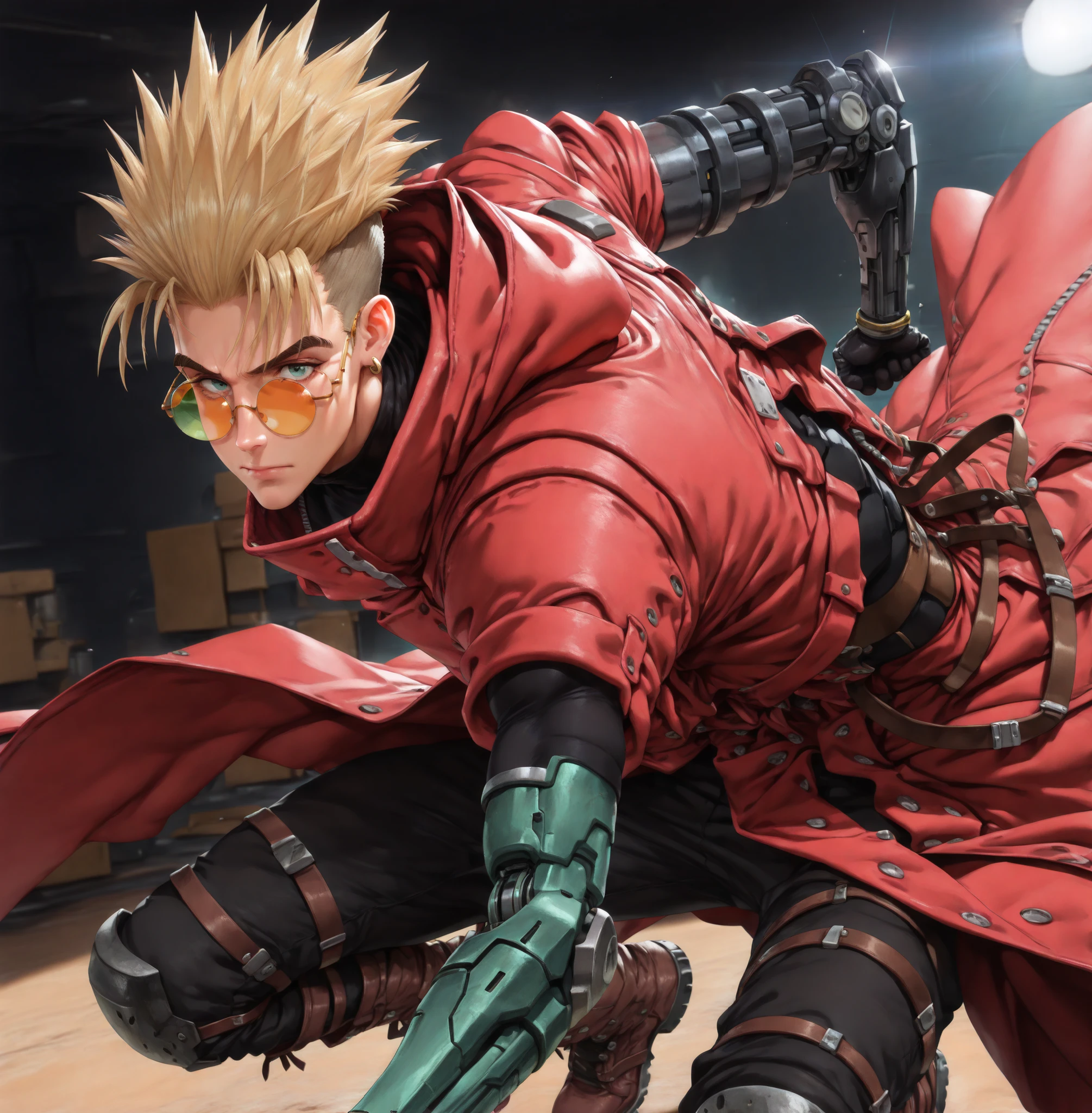 (masterpiece:1.35), (very aesthetic, best quality:1.3), highly detailed, dark environment, backlit, absurdres, close-up view, hyperdetailed realism, addmicrodetails, realistic 3d artstyle, detailed shading, realistic clothing and textures, solo, looking at viewer, 3d anime style, anime style, 1man, slender, blonde, half-buzzcut, hair up, emerald eyes, spiky hairstyle, fit, one earring, bold eyebrows, black turtleneck undershirt, red coat, large coat, hood down, one rolled sleeve, one robotic arm, cyborg, portrait, facing viewer, happy, green glasses, round framed glasses, vash, Trigun stampede, serious, straps, belts, from side, fingers through own hair, open coat, belt, black pants, boots, wide stance, action, combat, dynamic pose,