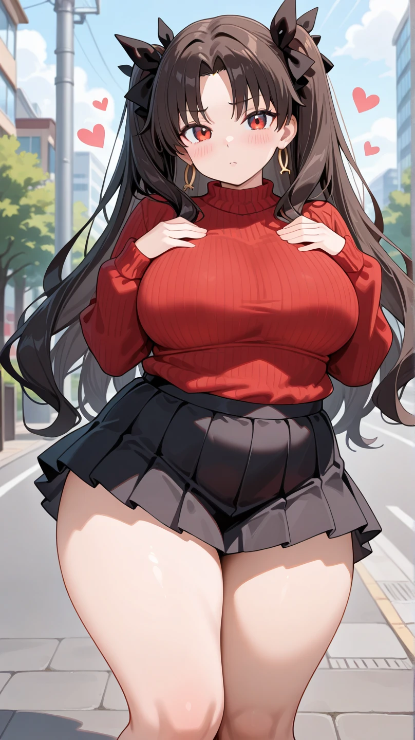 anime, 28 year old woman, taking a selfie, mischievous smile, long hair, dark hair color, stylish hairstyle, side hair long lush hair, long curls of hair pulled to the sides, Braids within the hair, curvy body, proportional body, sexy girl, beautiful mature girl, lovable character, crop top, short skirt, clarity, detailed, detailed face, very detailed drawing, smile, flirty look, city background, saturated background, perfect composition, soft natural volumetric cinematic perfect light, masterpiece