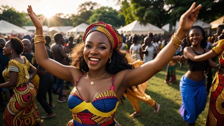 An African woman celebrating with friends and family, surrounded by traditional decorations and joyful expressions, with a sense of accomplishment
