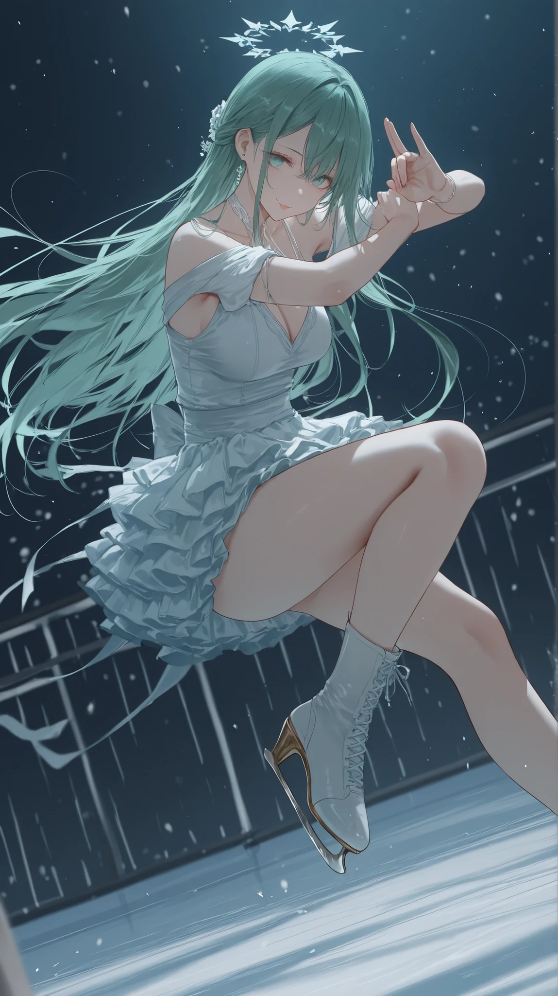 dark_art_style,artist:kazutake_hazano, artist:danimaru,[artist:ask_(askzy)], artist:wanke, artist:wlop, artist:fujiyama, artisit:yuyu_(yuyuworks)，artist:hiten_(hitenkei),atrisit:dishwasher1910,
完美品质, 超高清, 精良制作, 1girl, ice skating pose, 黑丝顺滑发{1.3},单马尾,  {天空蓝表演装:1.4}, 撞色褶边,丝带装饰,半透明服装, 冷美人风格, 若隐若现笑容,花样滑冰姿势, 高难度跳跃, 优雅滑行姿态, 匀称体态, 沉着表情, 女子花样滑冰比赛现场,冰地面，蔷薇色调色，(:1.58),超高清, 精致细节,