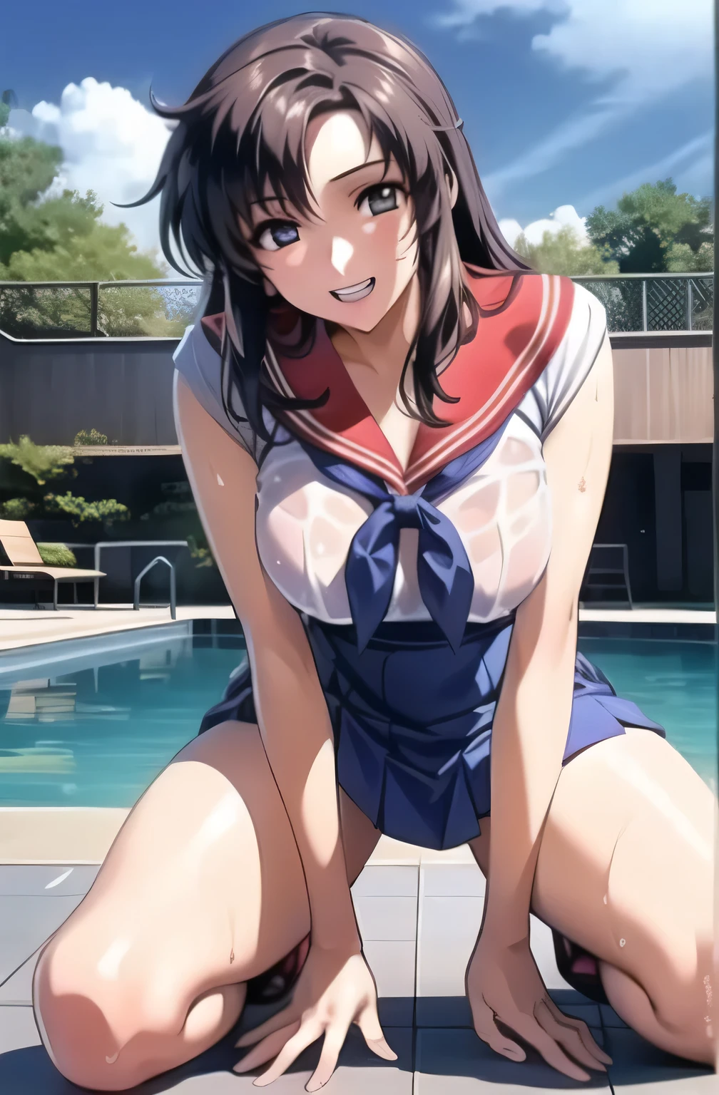 best quality, very aesthetic, Super detailed, best illustration, nsfｗ, pussy focus, 1girl, おっぱい, aroused, black_hair, school swim suit