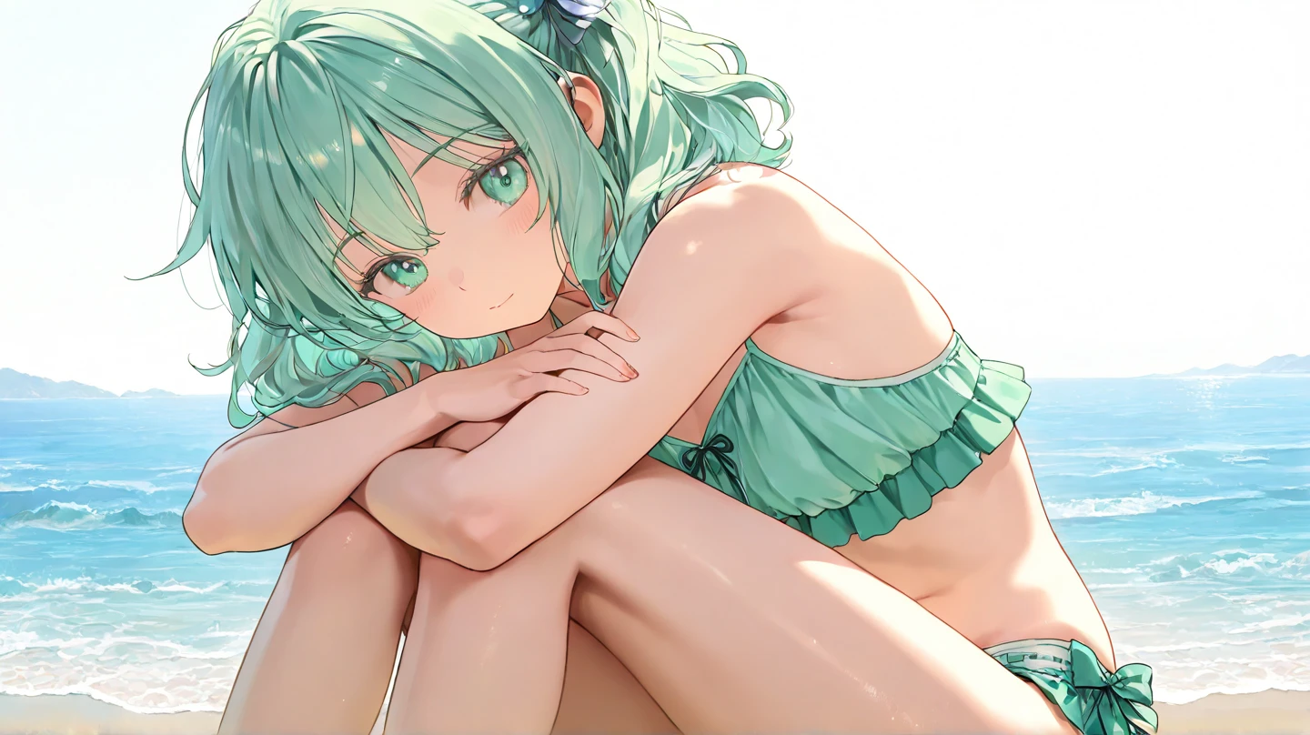 An athletic body, Sitting, [vertical splits], sumLyn, green hair, high ponytail, hair flower, choker, blue bikini, strapless, cleavage, waist rope
