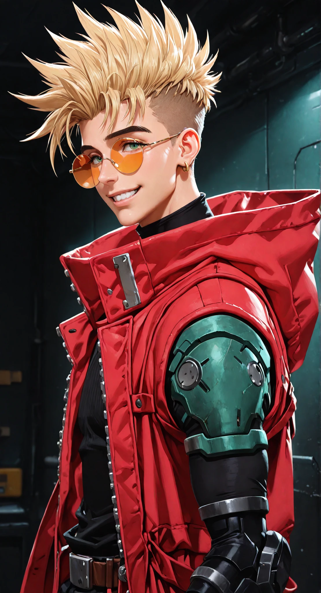 (masterpiece:1.35), (very aesthetic, best quality:1.3), highly detailed, dark environment, backlit, absurdres, close-up view, hyperdetailed realism, addmicrodetails, realistic 3d artstyle, detailed shading, realistic clothing and textures, solo, looking at viewer, 3d anime style, anime style, 1man, slender, blonde, half-buzzcut, hair up, emerald eyes, spiky hairstyle, fit, one earring, bold eyebrows, black turtleneck undershirt, red coat, large coat, hood down, one rolled sleeve, one robotic arm, cyborg, portrait, happy, green glasses, round framed glasses, vash, Trigun stampede, smile, teeth, straps, belts, from side, fingers through own hair, open coat, belt, black pants, holster, hair back,