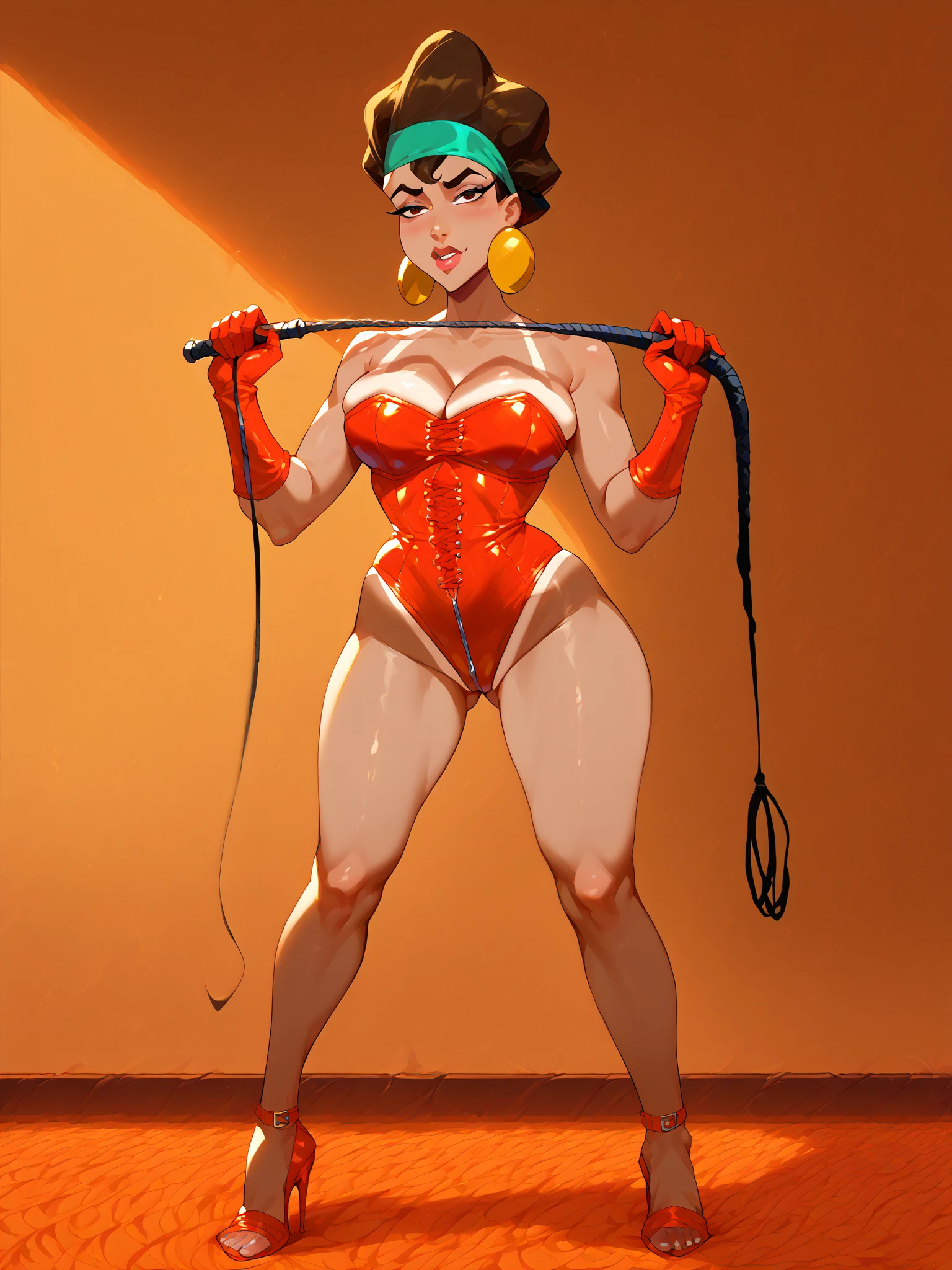 blush, smile, glowing aura, natural light, masterpiece,  glossy skin, juicy lips , sexy, hot, cleavage, evil,juicy lips, bimbo, ((4 arms)), multiple arms, ((navel exposed)), ((navel piercing)), hour glass figure, light blonde hair, really short hair,  (slendered abs:1.4), wide eyes, blue eyes, (gigantic breasts:1.3), golden crown, dark lighting, (black heels), off the shoulder leotard, black leotard, ((intricate leotard:1.2)), ((red skin :1.3)), (colored skin),multiple arms, perfect hands, black gauntlets