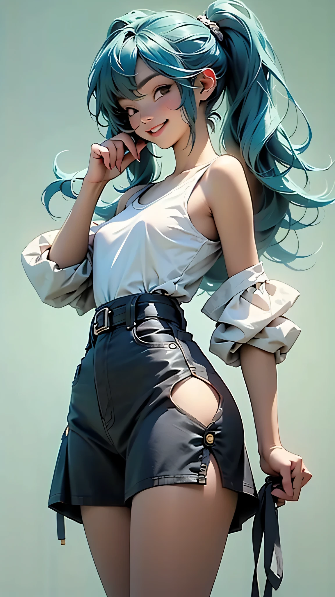 (masterpiece, best quality), 1girl, long hair, blue hair, white T-shirt, black vest, pink skirt, red scarf, tattoos, pink riding boots, stockings,