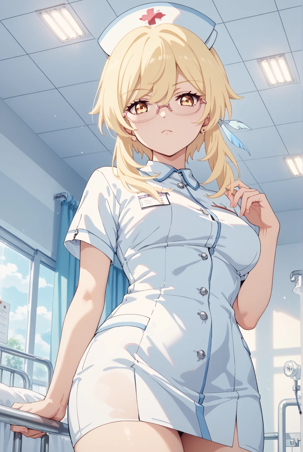 ((masterpiece, best quality, high quality)),1girl, (hospital), <lora:infirmary_v0.1:0.5> infirmary, <lora:Irene Bradford:0.7> (1girl, 3dcg 05, blonde_hair, blue eyes, blunt bangs, glasses, hair intakes, inverted bob, irene bradford, short hair, small breasts, solo),