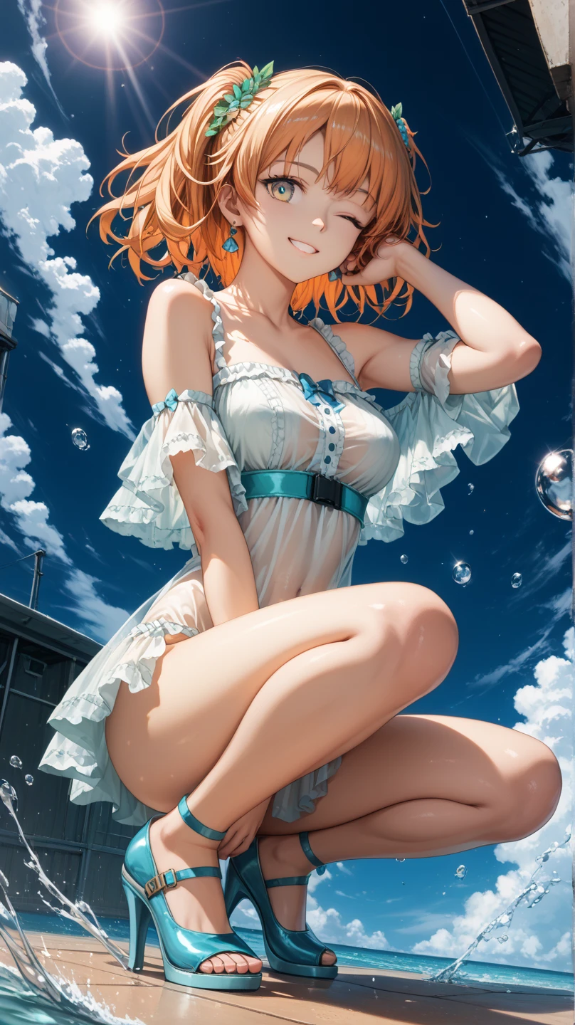 ((highest quality,8K,T Masterpiece:1.3)), sharp focus:1.2,cute woman with perfect figure:1.4,(((((huge cleavage))),(ridiculously big breasts:1.5),straight hair、hair blowing in the wind(huge hips),smile,thin abs:1.2,((orange hair:1.4, medium hair:1.6)),night, festival, Highly deしっぽed face and skin texture,tail eyes,double eyelid、/ (wear white top over blue playboy_bunny leotard:1.3), (short sleeve:1.1), ((blue bunny girl costume:1.8)), (Fishnet tights:1.2), high heels, ((rabbit tail:1.2, rabbit ears))