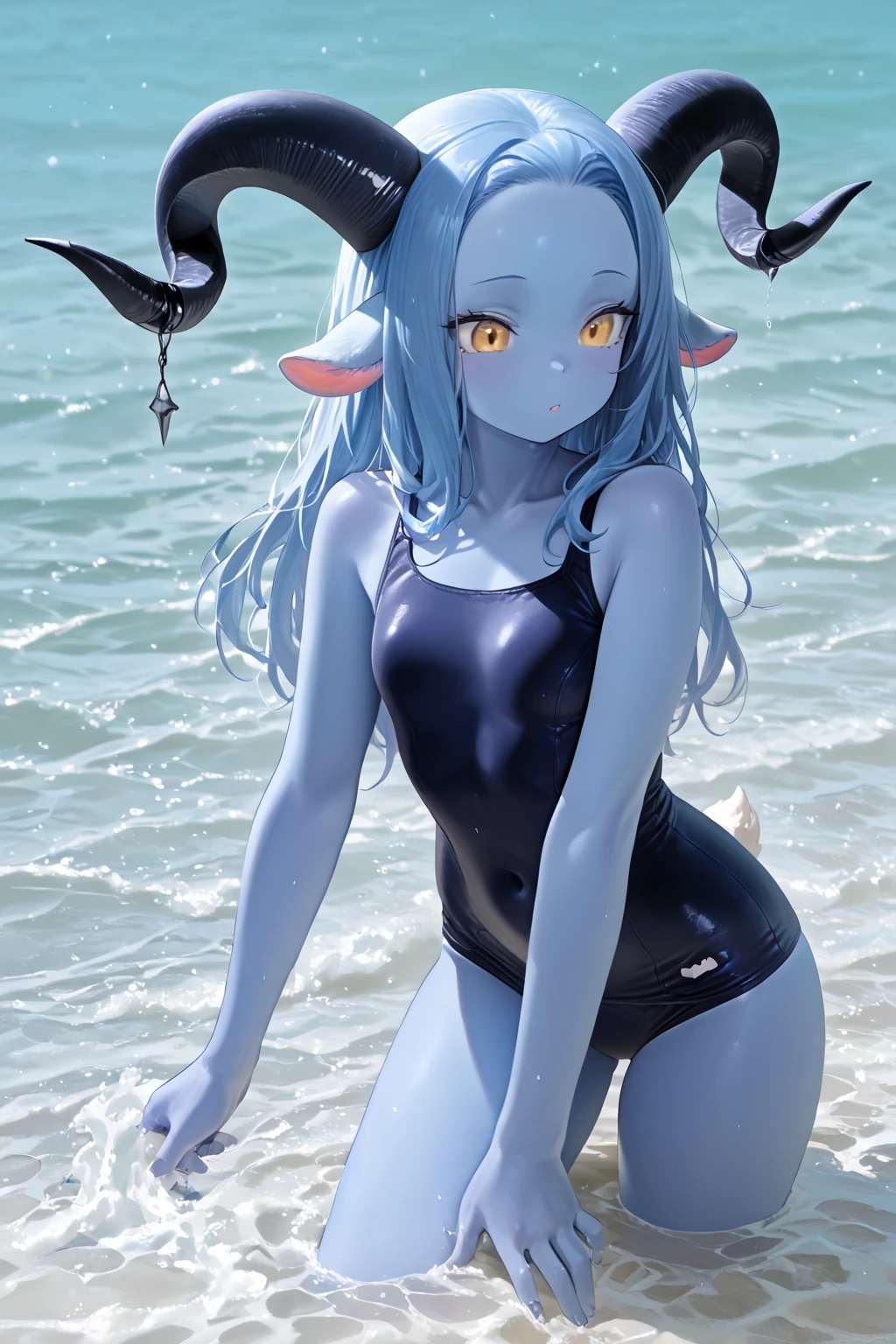 score_9, score_8_up, score_7_up, score_6_up, score_5_up, score_4_up, highest_quality, masterpiece, elf, elf boy, large elf ears, black hair, blue eyes, male, trap, ponytail, goth, black lipstick, androgynous, feminine male, femboy, girly, one-piece swimsuit, slingshot swimsuit, buttplug bikini, bare back, arms above head, biting lip, on beach, standing in water, wet skin, bubble butt, head turned to viewer, presenting anus, eyeliner, thigh high socks