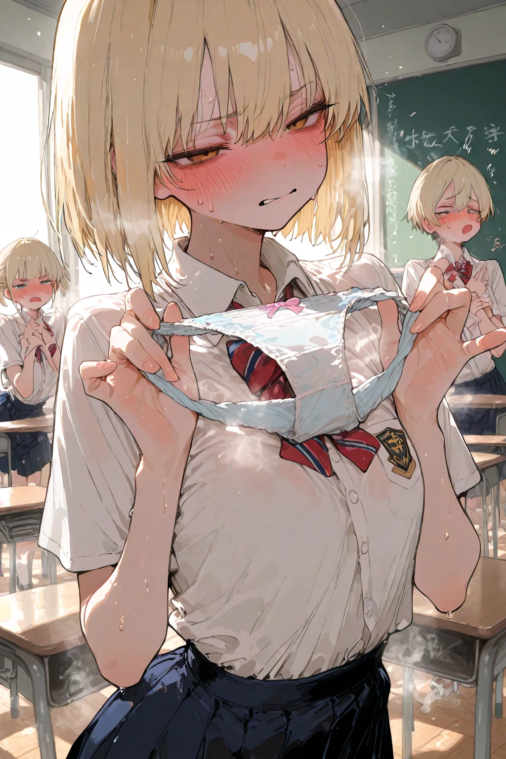 woman、Flat chest、Distended belly、A shirt with the bottom button undone、Black Skirt、Short blonde hair、Sweat、Tired look、vivid