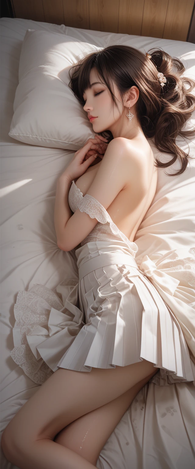 { 1girl, (((lying face down))), on a luxury black satin bed, (((fallen asleep, eyes closed peacefully))), (((seen from above, seen from back, focus on hip))), ((wide view)) }, { (masterpiece:1.2), (absurd resolution:1.6), (best quality:1.6), (photo realistic:1.8), (Luminous lighting:0), (Chiaroscuro:1.5) }, { ((young, cute, 20 years old)), (slightly open mouth:0),(smiling),((turn head away)), ((((oily glossy skin)))), (slender body), ((tight back muscle)), (((beautiful perfect rounded ??????????? tight hip))), ((see-through cloth over body)) }