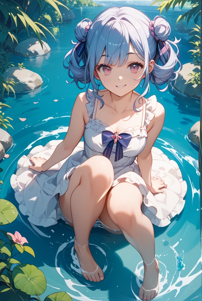 (mushroom on head:1.3), anime girl in a bikini sitting in a pool with a lot of fish, splash art anime loli, rem rezero, seductive anime girl, beautiful anime girl, anime moe artstyle, clean detailed anime art, cute anime waifu in a nice dress, cute anime girl, wallpaper anime blue water, anime visual of a cute girl, from the azur lane videogame