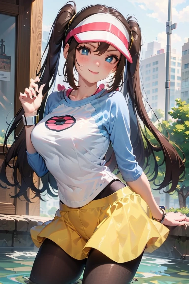 ((masterpiece,best quality)), absurdres,  ro1, hair bun, blue eyes, twintails, visor cap, pantyhose, raglan sleeves, yellow shorts, shirt, pink bow, wristwatch,
 solo, smiling, looking at viewer, cowboy shot, cinematic composition, dynamic pose, modern city, city street, shirtlift, huge breasts,