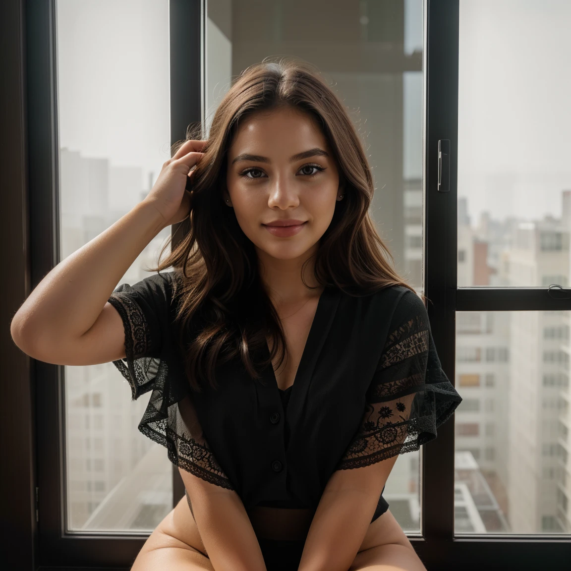 side-angle photo 20 years woman sitting in the interior on modern chair with crossed legs and arms in hair next to big window in luxury room above her with the beauty background behind, wearing a tight lace voal, cinema lighting, chiaroscuro, she smiling, Shot on 28 mm kodak camera --v