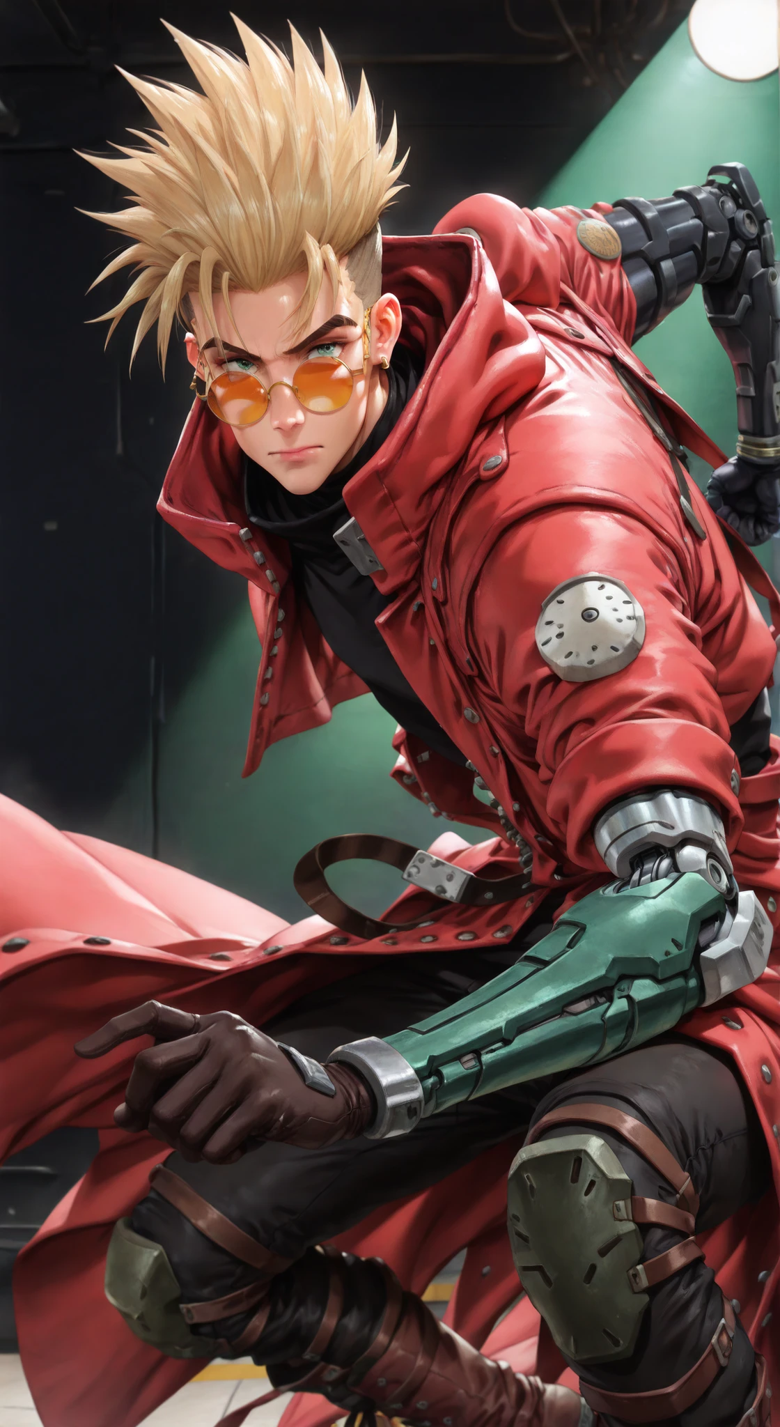 (masterpiece:1.35), (very aesthetic, best quality:1.3), highly detailed, dark environment, backlit, absurdres, close-up view, hyperdetailed realism, addmicrodetails, realistic 3d artstyle, detailed shading, realistic clothing and textures, solo, looking at viewer, 3d anime style, anime style, 1man, slender, blonde, half-buzzcut, hair up, emerald eyes, spiky hairstyle, fit, one earring, bold eyebrows, black turtleneck undershirt, red coat, large coat, hood down, one rolled sleeve, one robotic arm, cyborg, portrait, facing viewer, happy, green glasses, round framed glasses, vash, Trigun stampede, serious, straps, belts, from side, fingers through own hair, open coat, belt, black pants, boots, wide stance, action, combat, dynamic pose, (open jacket),