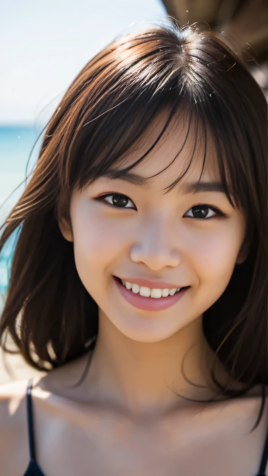 masterpiece,best quality,(Japanese ),((Beautiful girl)),cleavage,(perfect body beauty:1.2),(shy smile),beautiful teeth,(straw hat),(seaside),
