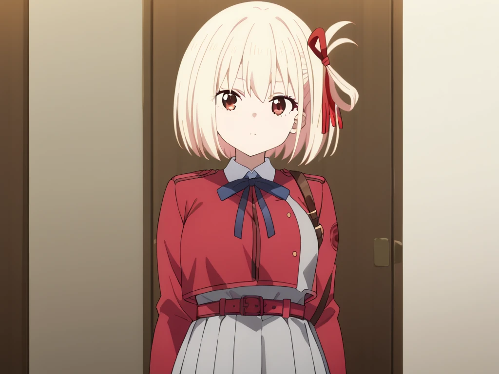 best quality, masterpiece, highres, solo, {nishikigi_chisato_lycorisrecoil:1.15}, short_hair, bangs, blonde_hair, red_eyes, ribbon, hair_ribbon, red_ribbon, bob_cut, closed_mouth, neck_ribbon, blue_ribbon, 1girl, bare_shoulders, looking_at_viewer, sleeveless, upper_body, zipper, zipper_pull_tab, red_shirt, sleeveless_shirt, smile