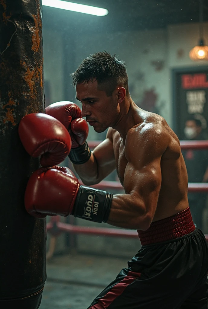 sexy mature daddy,stephen amell  ,dark blond hair, stubble,beard and sexy moustache ,muscular , best quality, masterpiece, ultra high resolution, Detailed background illustration, single,  muscles, Volumetric lighting, depth of field, beard, flow,wearing a boxing short , shirtless showing hard nipples , huge bulge, boxing gloves ,, martial artist, flow sweat, short dark blond hair, perfect eyes, barefoot,  Boxing pose in the ring 