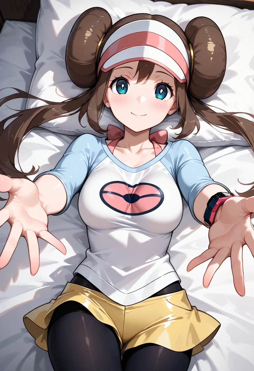 masterpiece, top-quality, hight resolution, RO1, Hair buns, blue eyess, Twin-tailed, Visor Cap, raglan sleeves, Yellow shorts, The shirt, Pink ribbon, Watches,large full breasts、、appealing breast、breastso、sexy tummy, tetas grandes, solo, 1girl, BEDROOM background, hands on chest, embarrased, blush, embarrased, lying on bed,