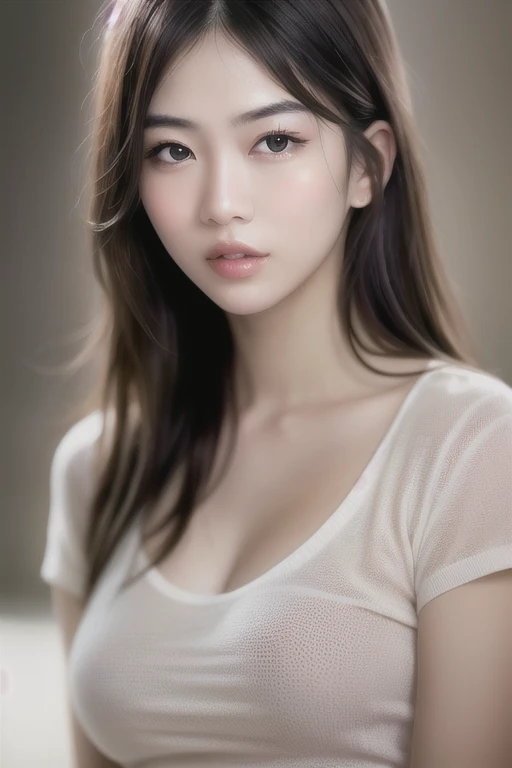 dressed, (photo realistic:1.4), (hyper realistic:1.4), (realistic:1.3), (smoother lighting:1.05), (Improve the quality of cinematic lighting:0.9), 32k, 1 girl,20 year old girl, realistic lighting, Backlight, light shines on your face, ray tracing, (bright light:1.2), (Improvement of quality:1.4), (Highest quality realistic textured skin:1.4), detailed eyes, detailed face, high quality eyes, (Tired, sleepy and satisfied:0.0), close up of face, T-shirt, (Enhance the mood of your body line:1.1), (Enhances the beauty of skin texture:1.1),（big breasts、emphasize the chest:1.8)