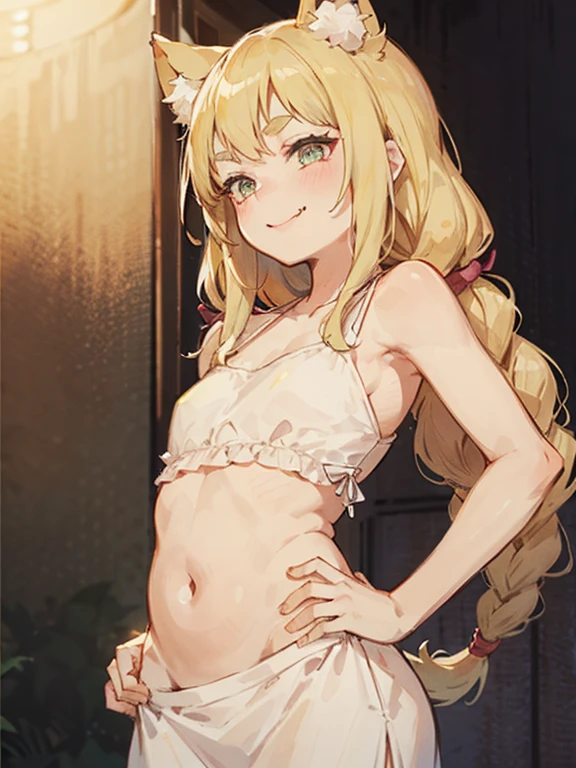 masterpiece,best quality, ultra-detailed,1girl(sakurai momoka, lovely small breasts, naked body, wavy hair, long hair, blonde hair, headband, pink flower in hair,green eyes, half-closed eyes), a charming face, parted lips, nose blush, blush, facing viewer , looking at viewer, head tilt, solo, pajama, cleavage, in the bedroom, night time, standing, seductive, a seductive pose , from_below