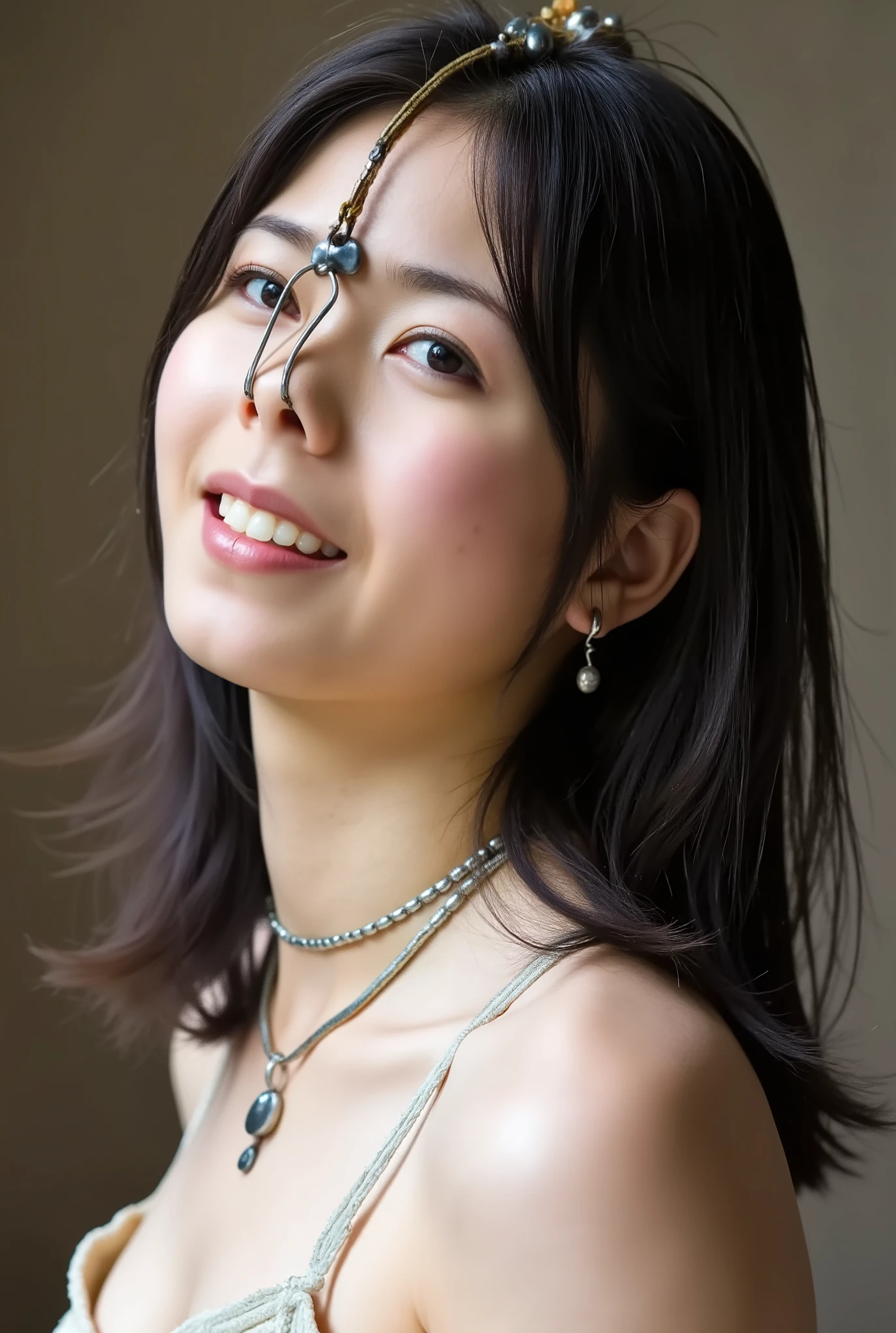 A high resolution photograph of a Japanese adult woman, standing indoors, leaning backward, wearing an off-shoulder dress. (Her hairstyle is medium length dark hair parted middle showing forehead). She has flawless porcelain-white skin and fine-textured skin. (She wears a pet-collar and a nose hook that makes her nose look like pig snout, with metallic beads-chain wrapped around the top of her head, hooking in her nostrils, pulling the nasal cavity upwards:1.5). (Big smile, head back, facing up, looking up:1.4). The photo shooting is profile, close-up of face, face focus, viewed from below, at a low angle and simple background.
The image depicts detailed face, detailed eyes and sophisticated nose.
The amazing quality, extreme details, intricate details, sharp focus, rich contrast and use of professional lighting techniques make this photograph a masterpiece.
The image is realistic and photo-realistic style.