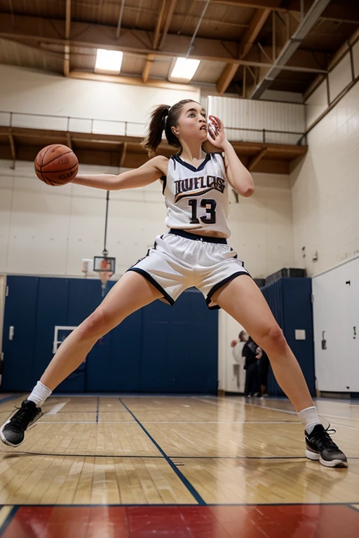 photo of a 18 year old girl,basketball player in a blue shorts jumps in the air,holding a ball in her hand and shooting it towards the hoop,happy,laughing,looking at viewer,basketball court,ray tracing,detail shadow,shot on Fujifilm X-T4,85mm f1.2,depth of field,bokeh,motion blur,<lora:add_detail:1>,