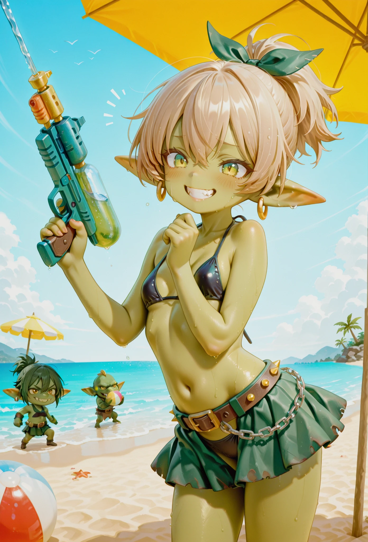 ((best quality)), ((masterpiece)), (detailed), perfect face, ((green skin)), pointy ears, very shy, tiny breasts, wearing sunglasses, short dark hair, on the beach, sitting in a beach chair under a large umbrella, wearing large beach hat, in the shade of an umbrella, wearing a modest 1-piece swimsuit, full body, reading a book, sunglasses, sitting in beach chair, wearing hat, wearing frilly 1-peice swimsuit,  (reading a book)