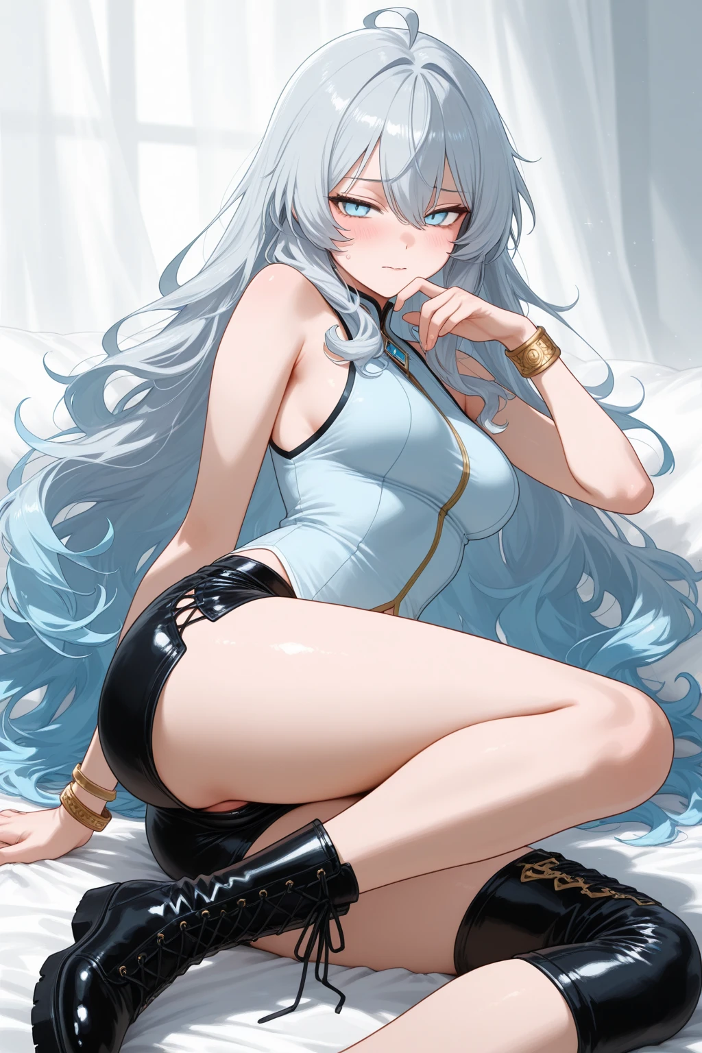 8k, RAW photo, best quality, ultra high resolution, (photorealistic), (full body picture), seductive look, (extremely detailed CG unity 8k wallpaper), Sharp focus, (bright light), beautiful 18 yo athlete girl, pumped ass, white underboob crop pajama very tight top, white short pajama tight shorts, (hot, sweaty and soaked through):1.5, (grabbing her own ass):1.3