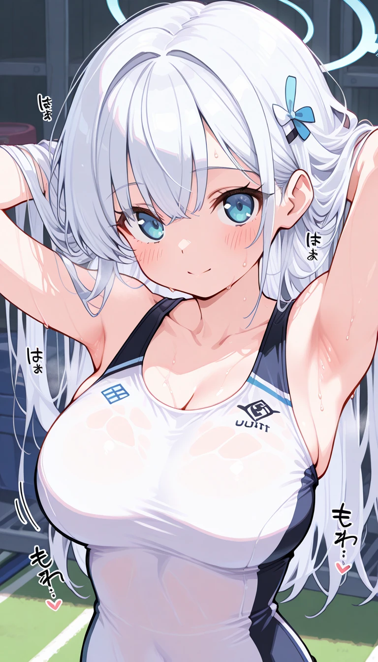 stomach, masterpiece, Highest quality, anime, One girl, C Cup,Portrait Shot, View your viewers, Covered、短stomach髪、nearby、Blue Eyes、art、、White hair,Blue streaked hair、hairpin、可愛stomach笑顔、Thighs、Cute、Sweat、Volleyball uniform、Shorts、navel、gym、Separate outfit、stretch、Underboob