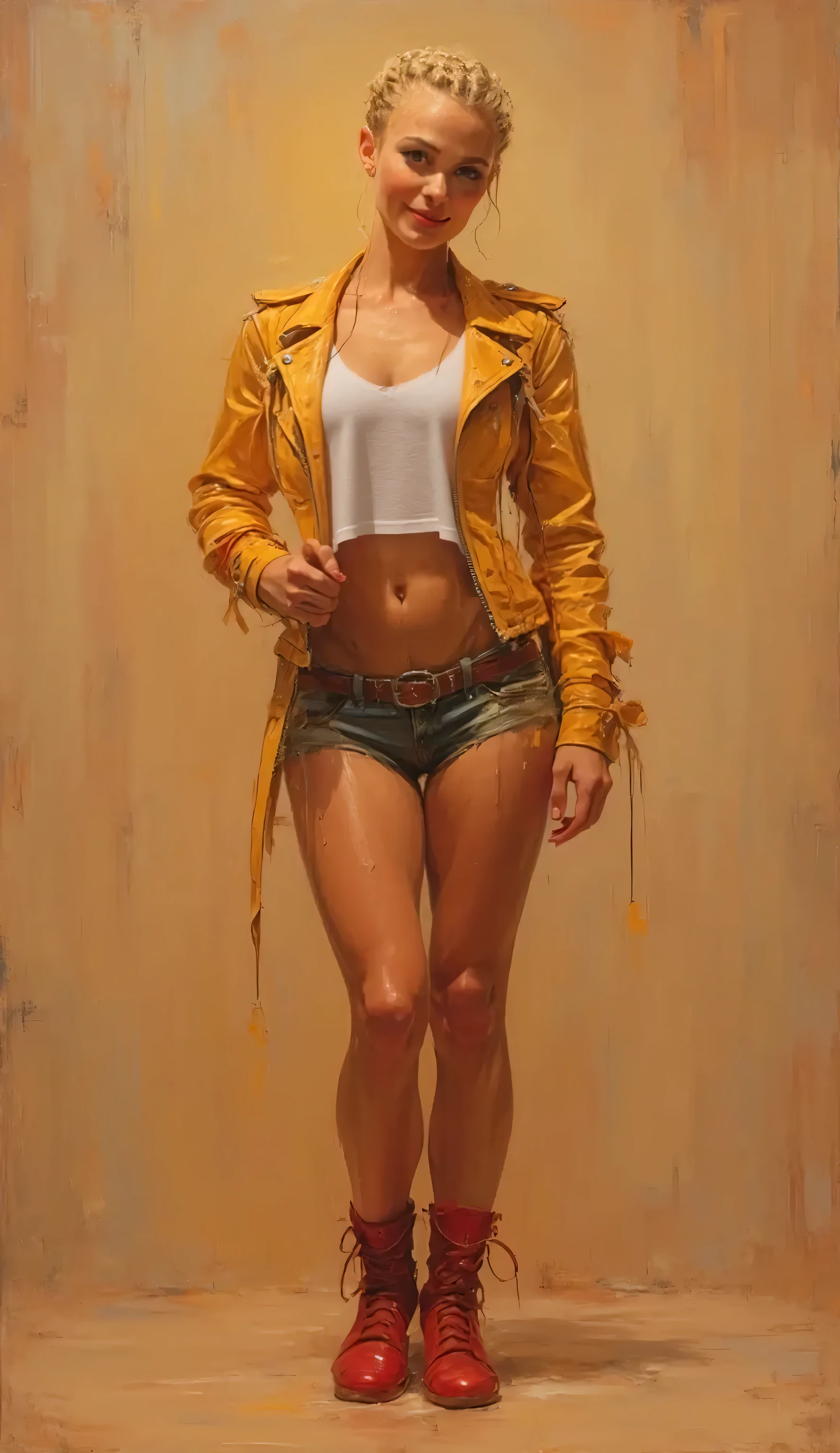 a beautiful young woman with short red hair, detailed face features, big breasts, fit body, wide curvy hips, big ass, wearing a cropped shirt and spandex short shorts, belts, (best quality,4k,8k,highres,masterpiece:1.2),ultra-detailed,(realistic,photorealistic,photo-realistic:1.37),highly detailed portrait,cinematic lighting,warm color tones,intricate details,elegant,fashionable,dynamic pose