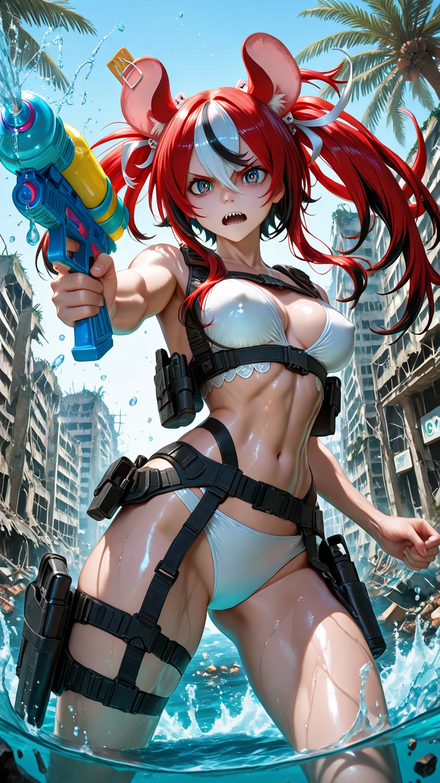 anime girl in a bikini, anime style 4 k, (anime girl), badass anime 8 k, best anime 4k konachan wallpaper, anime style character, top rated on pixiv, seductive anime girl, anime style. 8k, anime girl, an anime girl, anime artstyle, red hair, visible red hair (Best quality, 4k, Masterpiece :1.3), beautiful woman, hyper realistic, 1girl, (droopy breasts, attractive body :1.2), sit-ups :1.1, short red hair: 1.1, (wet rainy, wet by rain, wet body :1.2), ultra-detailed face, detailed lips, detailed eyes, double eyelid, sensual low-necked dress, open neckline, hanging breasts, side pose, visible curves, pool party, poolside, silver transparent mantle,sunglasses, muscular turned leg, revealing clothing, yellow eyes [ 4 k digital art ]!!