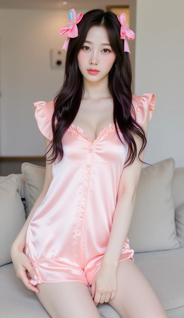 beautiful young woman in sexy pink pajamas, laying on bed, sensual pose, , (blunt bang):1.5 ,detailed face, beautiful detailed eyes, beautiful detailed lips, extremely detailed eyes and face, (best quality,4k,8k,highres,masterpiece:1.2),ultra-detailed,(realistic,photorealistic,photo-realistic:1.37),HDR,studio lighting,extreme detail description,professional,vivid colors,soft warm lighting,moody lighting,dramatic lighting,((full body)), (dark bedroom interior, minimal lighting, night:1.5)