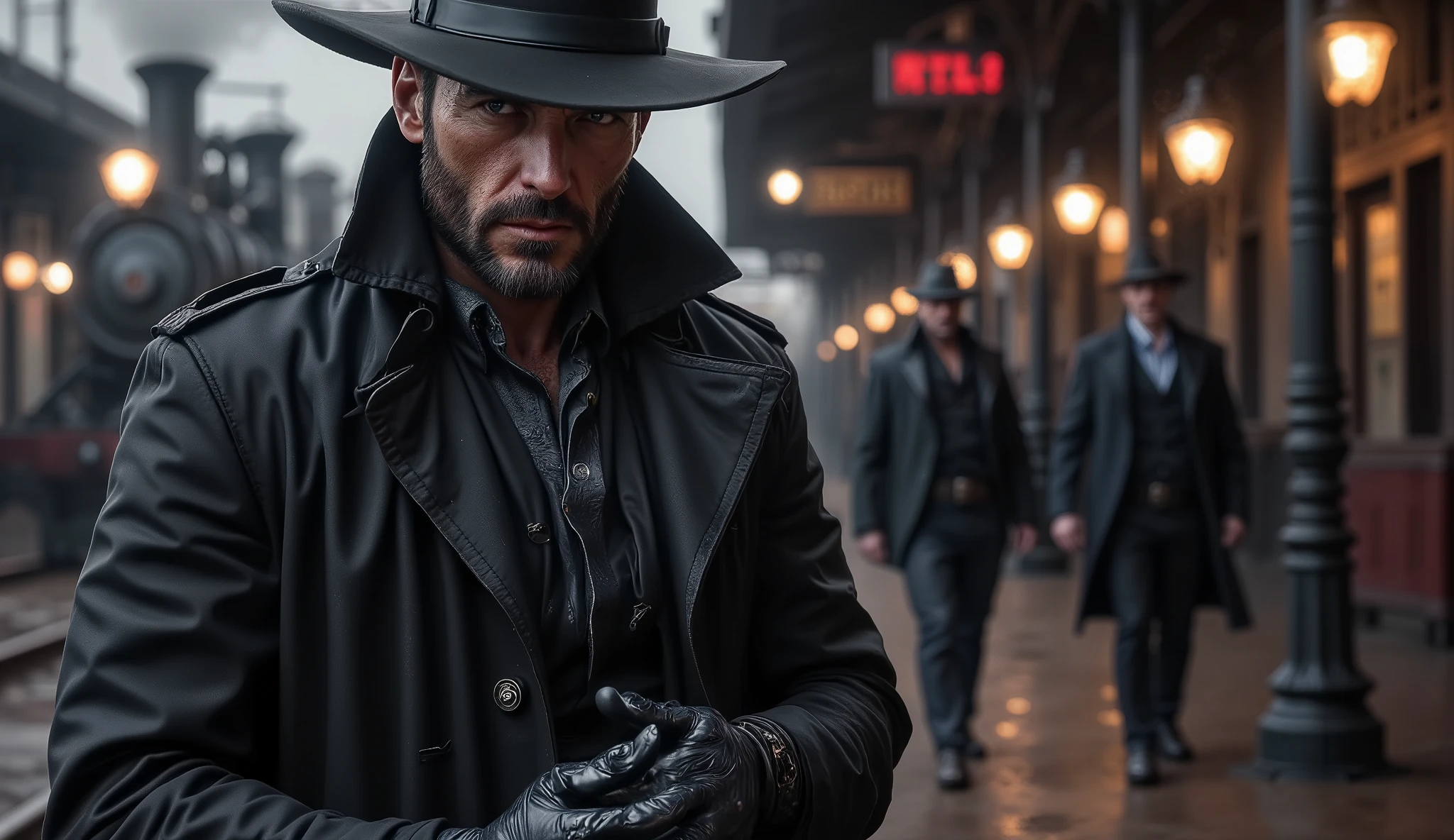 Hyper-realistic cinematic scene at Redstone Central Station during twilight. Jack Crowley stands alone on the platform, waiting for someone. He wears a dark trench coat, black gloves, and a wide-brimmed hat casting a partial shadow over his piercing eyes. His face is fully visible, rugged, weathered, but sharply defined, with intense expression and calm tension. A steam train approaches in the background, releasing thick white smoke. The platform glows with warm gaslight. People move around him in motion blur — but Jack remains still, a statue of patience and danger. Wet cobblestones reflect red and amber lights. Victorian iron columns frame the scene. 35mm lens depth of field, ultra-detailed textures, no facial distortion, dramatic noir western tone.