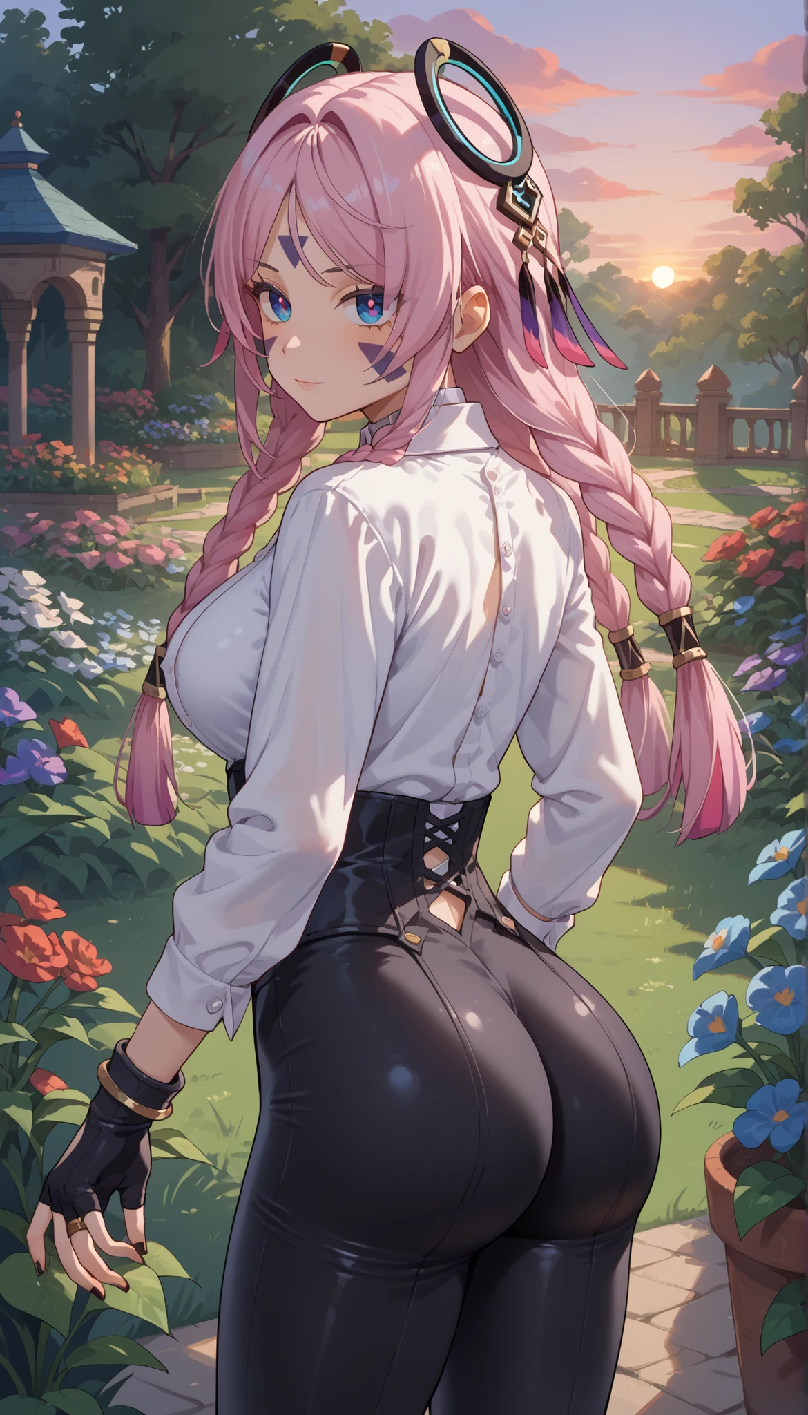 1young girl, tender look, pose sexy, (seen from behind), (approach from behind), beautiful butt , ((black rings on her head)), black gloves, partially fingerless gloves, looking at the viewer, (((white buttoned long sleeve white collar shirt)))), (black gloves), (black leather corset), (((shiny black leather leggings))), bracelet, bracelet, joyería, big breasts, beautiful legs, split bangs, wide hips, twin braids, Pink hair, face paint , black nails, multiple braids, nail polish, garden with flowers , beautiful sunset,