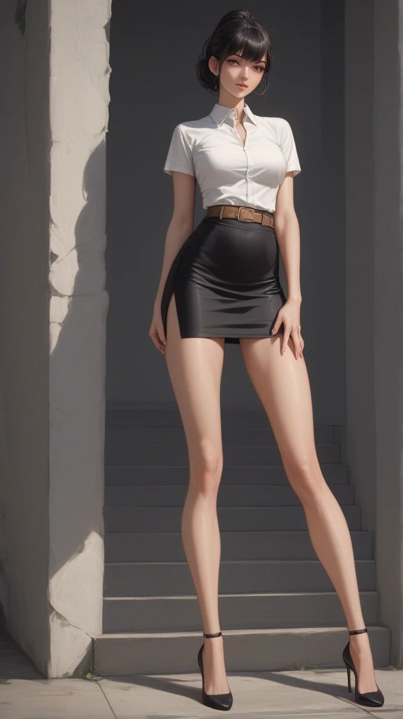 ((Best quality)), ((masterpiece)), (highly detailed:1.3), a woman in white top, black skirt, bare feet, short black hair, perfect face, perfect eyes, full body image