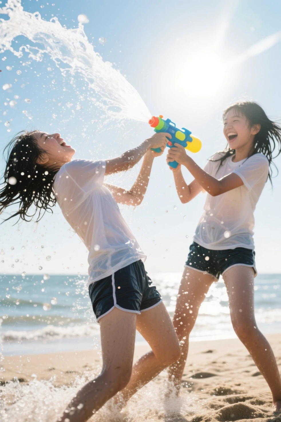 A close-up, photorealistic shot of two kids, a boy and a girl, around , standing under the basketball goal with soap foam pouring down from the cannon above. Their wet hair and clothes are covered in foam, and they are smiling widely, with sunlight reflecting off the bubbles.