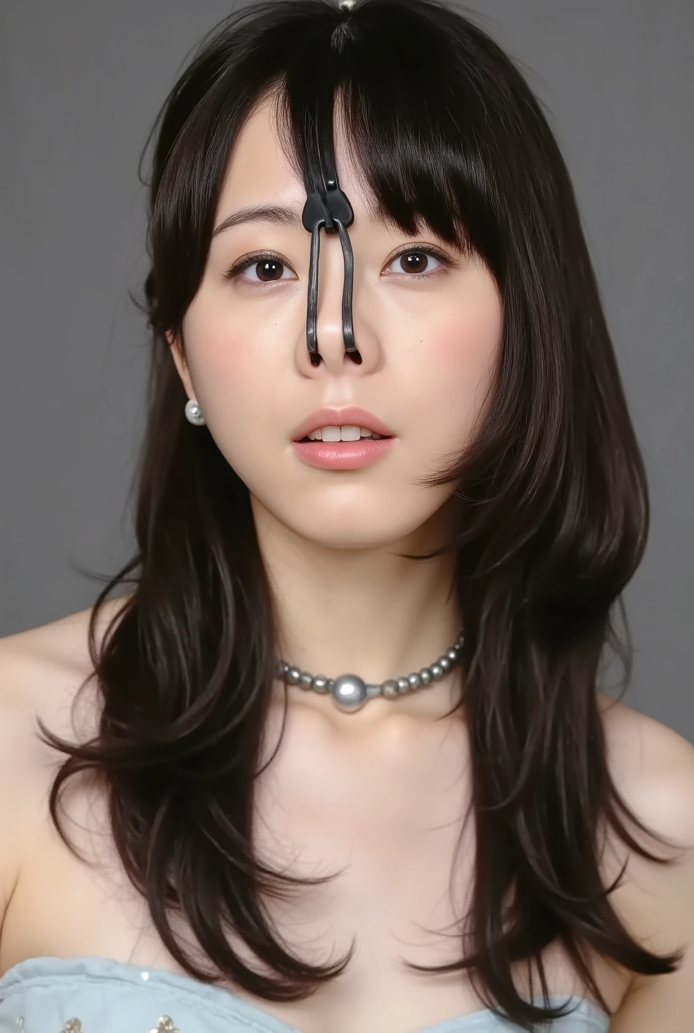 A high resolution photograph of a Japanese adult woman, standing indoors, with arms behind back, wearing an off-shoulder dress. (Her hairstyle is straight long disheveled dark hair, down to the chest, parted middle showing forehead). She has flawless porcelain-white skin and fine-textured skin. (She wears a pet-collar and a nose hook that makes her nose look like pig snout, with metallic beads-chain wrapped around the top of her head, hooking in her nostrils, pulling the nasal cavity upwards:1.5). (Big smile, head back, facing up, looking up:1.4). The photo shooting is close-up of her face, face focus, viewed from below, at a low angle and simple background.
The image depicts detailed face, detailed eyes and sophisticated nose.
The amazing quality, extreme details, intricate details, sharp focus, rich contrast and use of professional lighting techniques make this photograph a masterpiece.
The image is realistic and photo-realistic style.