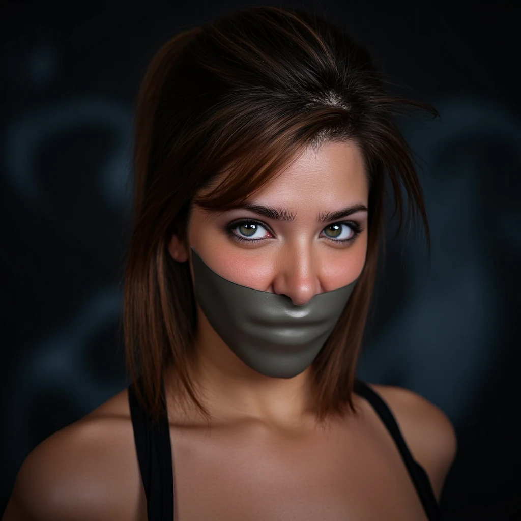 Aesthetic Girl blindfolded Duct tape gagged in sexy silver shimmering prom saree Taking selfie duct tape gagged