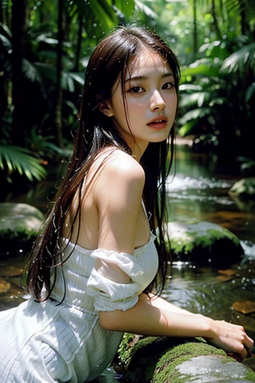 Masterpiece, Best Quality, (Best illustration), (Best Shade) Cute girl in the sea throws her head back, wet hair, (waist deep in water:1.5), sunset, long loose hair, splashes, drops, there is a woman that is holding a plant in her hand, color film photography 1970s, retro 1 9 7 0 s kodachrome, may 6 8, vintage color photo, hippie and boho fashion 1970s, color 1970, photo from the 70s, photo from the 7 0 s