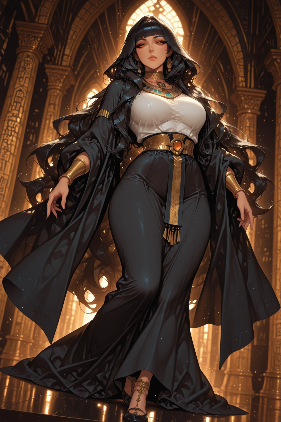 score_9, score_8_up, score_7_up, score_6_up, score_5_up, score_4_up, solo, necromancer lady, white hair, long fluffy side locks, hair tubes, big thick full lips, ((pouted lips)), ((mature woman)), ((NSFW)), sexy, gold bracelets and necklaces, ((body jewelry)), topless, (((hooded cloak))), tattered black cloak, tattered pelvic black curtain, ((blindfold)), pelvic curtain, sandals, (((gigantic breasts))), ((sagging breasts)), big nipples, wide hips, thick thighs, intricate details, detailed background, sharp focus, ((underground tomb)), ((dark souls mixed with final fantasy style)), mist fog, gravestones, dynamic, expressive, bleak world, (((close up shot))),
