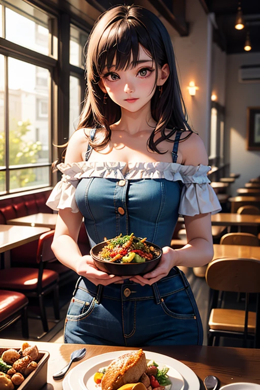 decoration, wears a ruffled shirt, shoulders, denim pants, long pants, sentdecoration, food table, in the restaurant, pov enamordecoration, ultra-quality, high detail costume, best quality, detailed image, (resolution 8k).