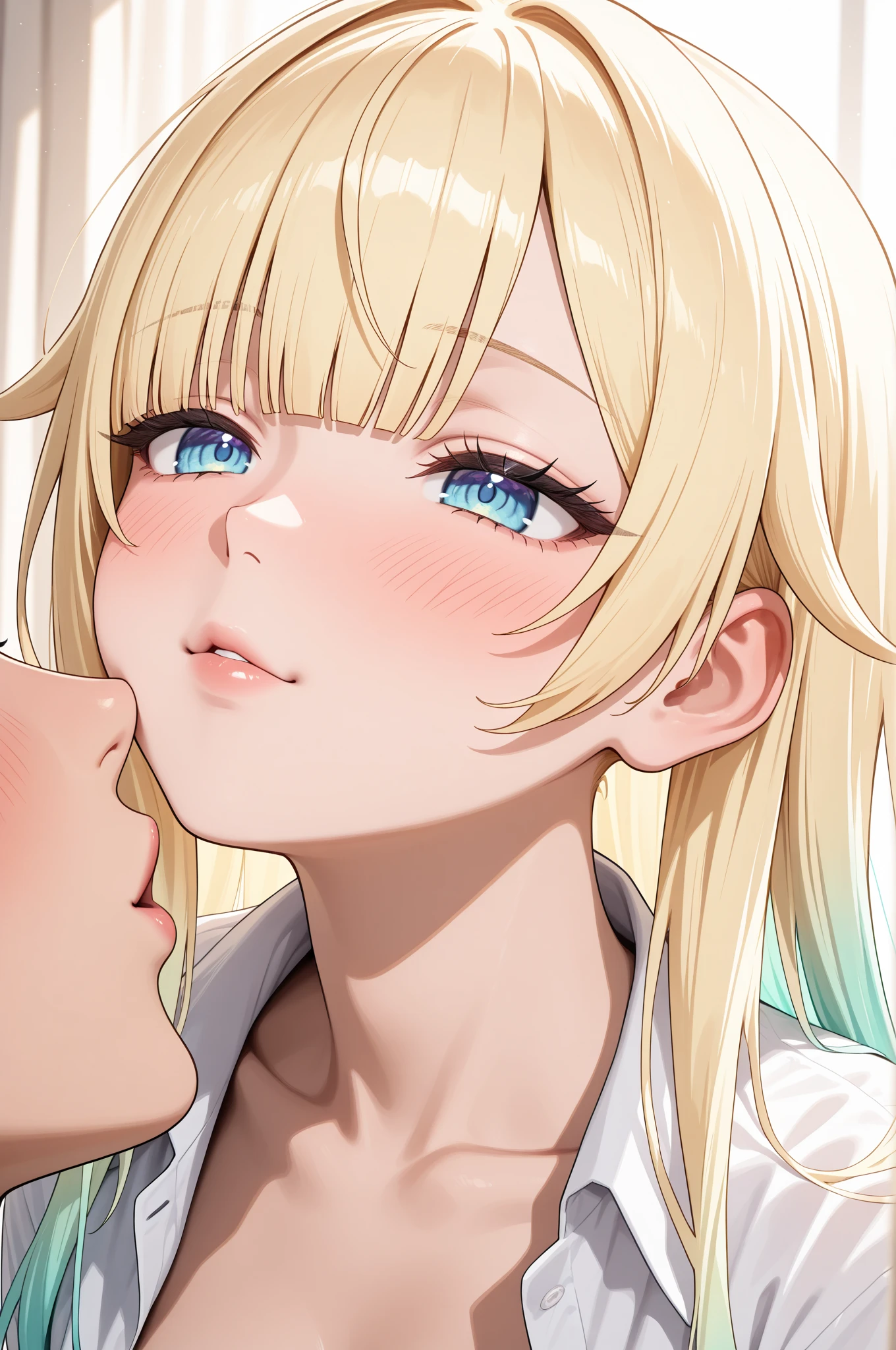 ((masterpiece)), ((best quality)), (ultra-detailed), ((cinematic light)), ((extremely detailed)), (8K), from side, (looking at viewer:0.8), beautiful blue eyes, blush, (white skin), large breasts, long blonde hair, (upper body), white ornate dress, detailed background, blowjob, oral sex, penis in mouth, hard cock in mouth, sperm on face, cum on face, cumshot on face, facefuck, deepthroat, cum on face, sperm on face, throatpie