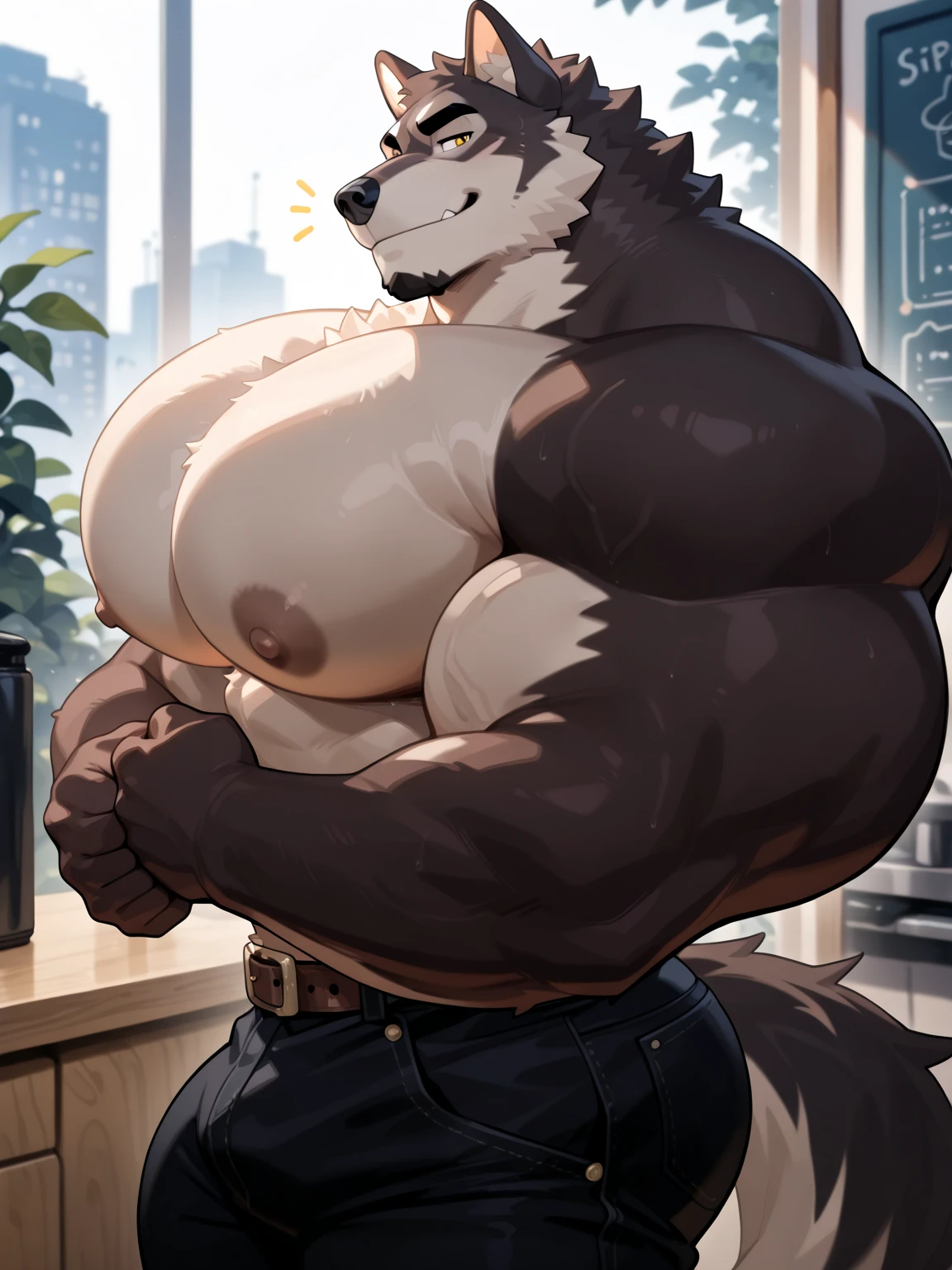 masterpiece, detailed, muscle wolf, (((wolf))), furry, hypertrophy, muscular, little definition, broad shoulders, ((giant body)), massive pecs, huge back, ((small head)), long neck, brown fur, pants, shirtless, standing, solo, hands on 