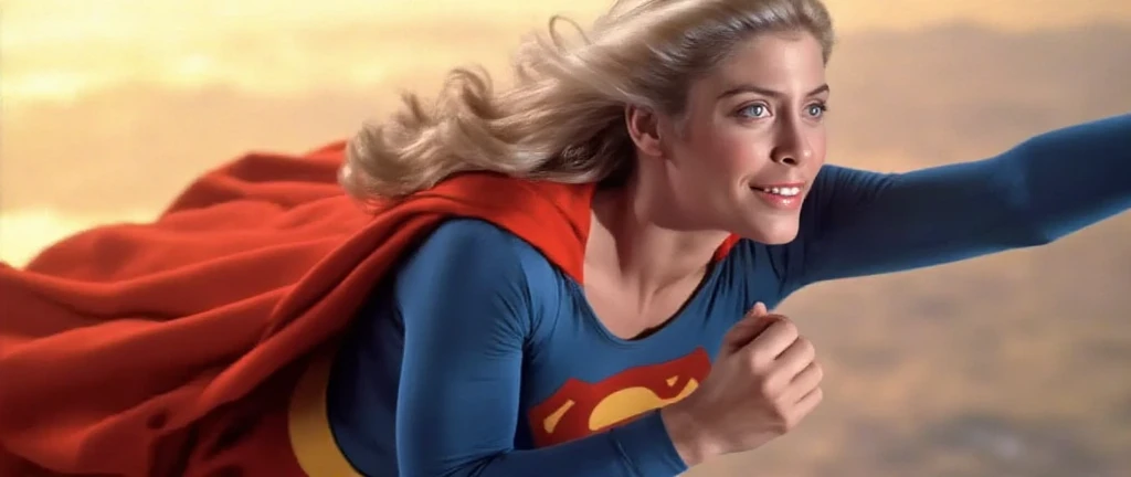 Julie Hagerty 1980 Superman movie; take-off position; impulse to jump; arms stretched upwards; .
