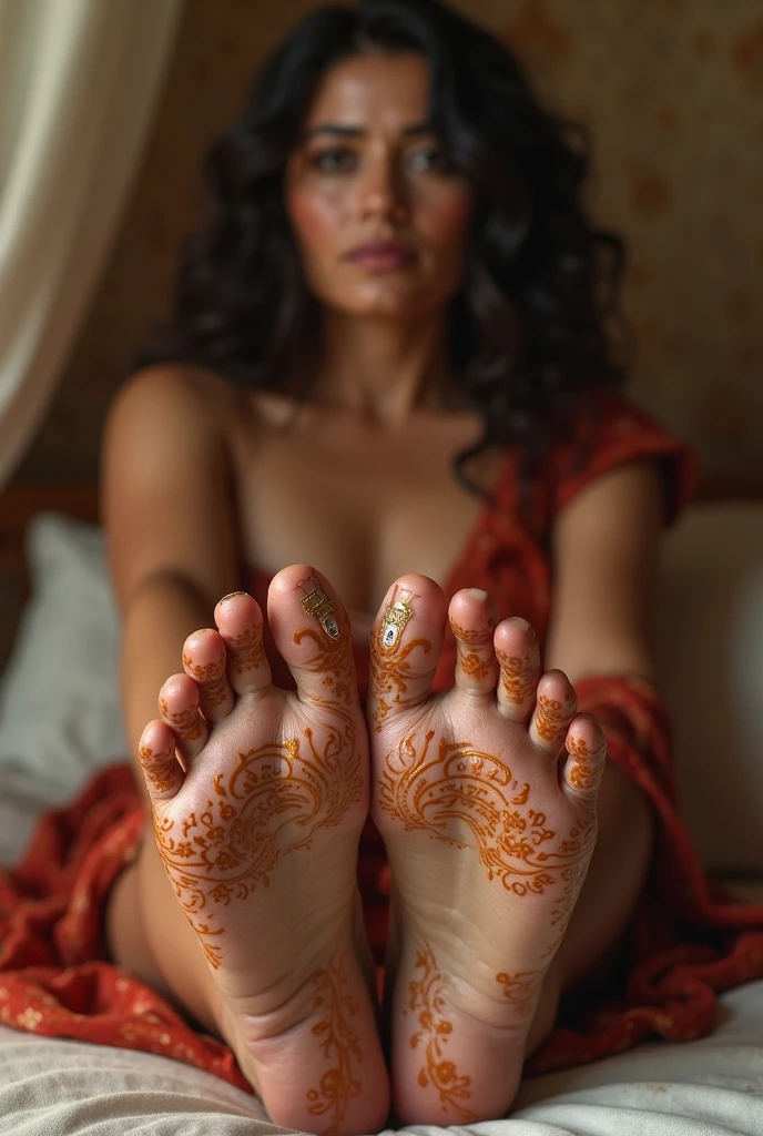 A woman on bed lifting her thighs, feet and soles wearing saree and man kisses the bottom of her soles from behind