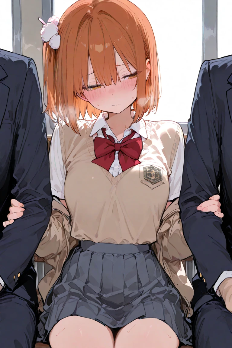  (mother and daughter, age_difference,size_difference), listening to the heartbeat , hugging each other,grabbing tit,(Cum on body), embarrassed,blush,tears in eyes, sweat, , masterpiece, best quality, very aesthetic, absurdres, ,makima_(chainsaw_man),chainsaw_man,  mature mother and cute daughter, red_hair, ringed_eyes, yellow_eyes, white_shirt, black_necktie, black_pants,  high-waist_pants, long_sleeves,,in classroom,blur background,background defocus,