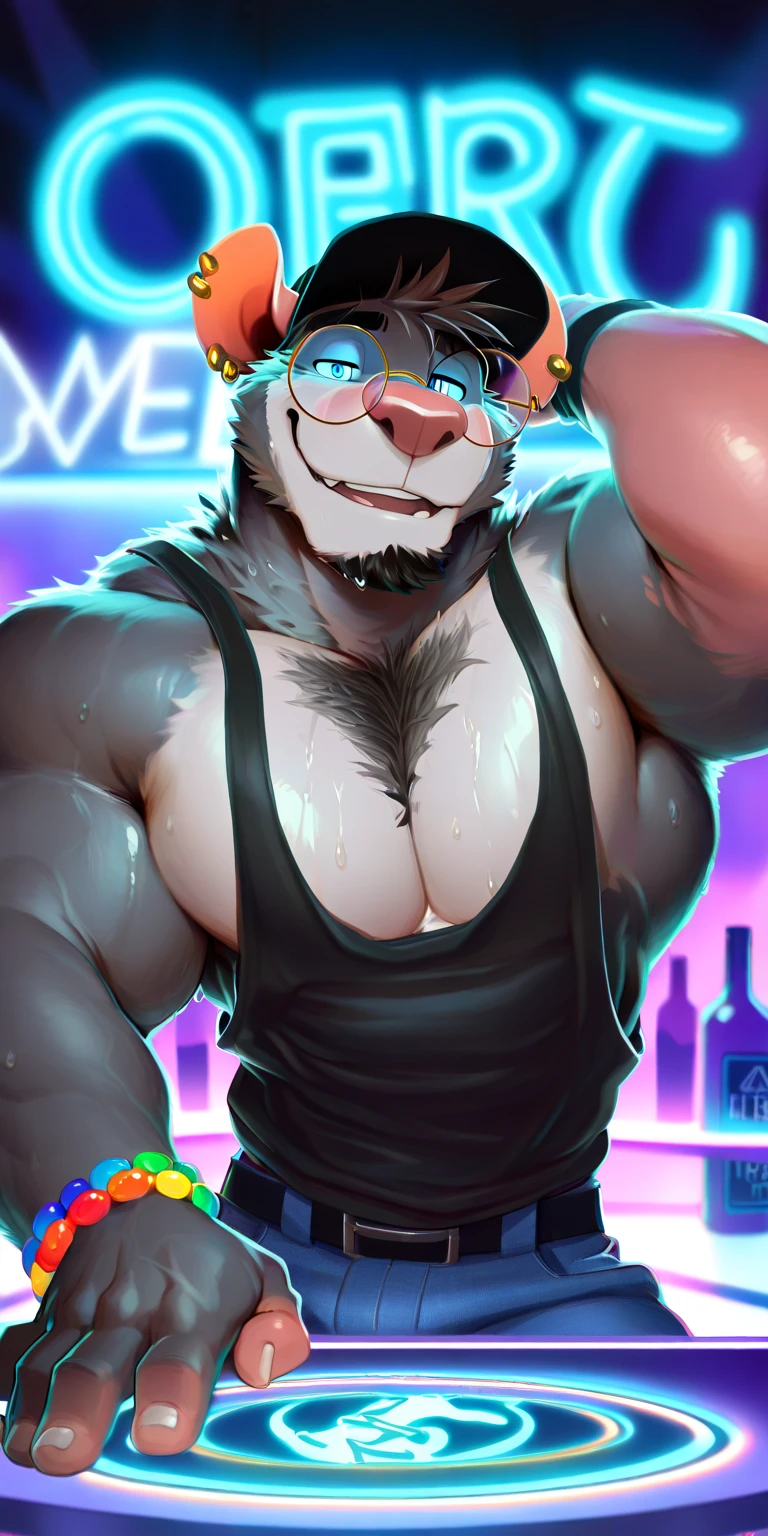 detailed fluffy fur texture, impasto impressionism, (by foxovh, ross tran, michael garmash, pino daeni, iskra), detailed eyes, highly detailed pupils, single, furry, anthro, rocky-pp, domestic dog, male, orange brown eyes , gray fur, gray body, hairy body, detailed texture of fluffy fur, curves, wide hips, inner hairy ears, front view, dancing, fully dressed in erotic costume, erotic costume, background of an interior sex shop, 1 adult, sexy smile, big pecs, huge bulge, whole body.