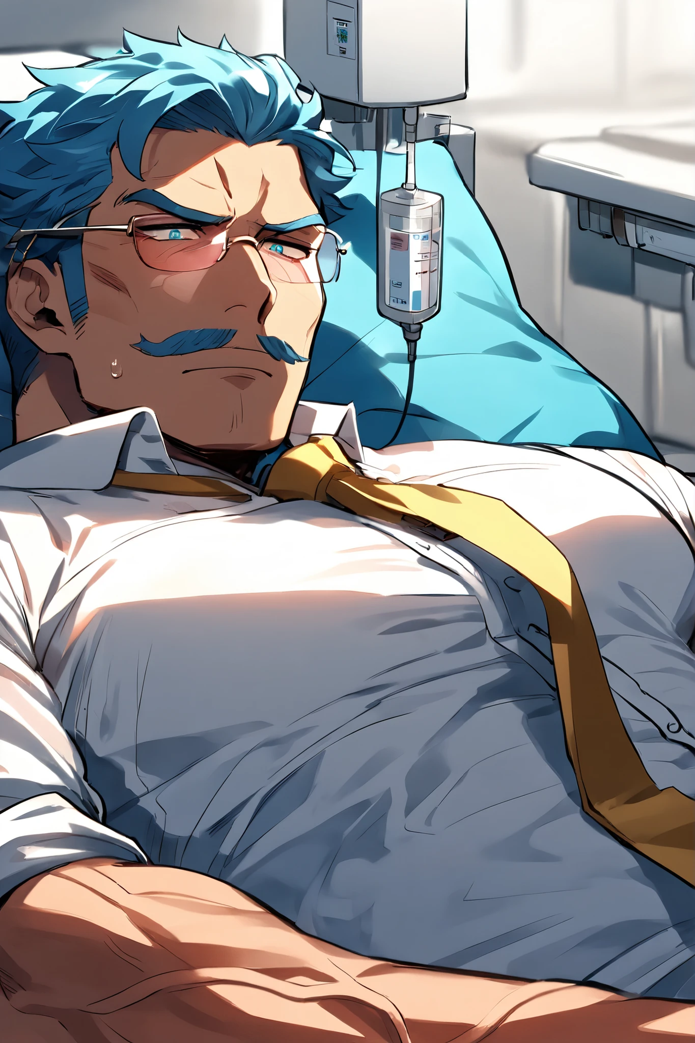 A middle-aged hospitalized mafia boss man, he got a bad case of heatstroke, he is hospitalized patient, Detailed face, Captivating look, moustache, Masculine face, Muscular body, Prominent veins, wearing white shirt and yellow tie and dark bule pants, blue hair, aqua color eyes, sunglass, lying down on the bed in the hospital at midnight, 1 male, A lustful look, he is suffering from high fever, his right arm is machine, He has an IV in his left arm, sweaty body, His cheeks were flushed from a high fever