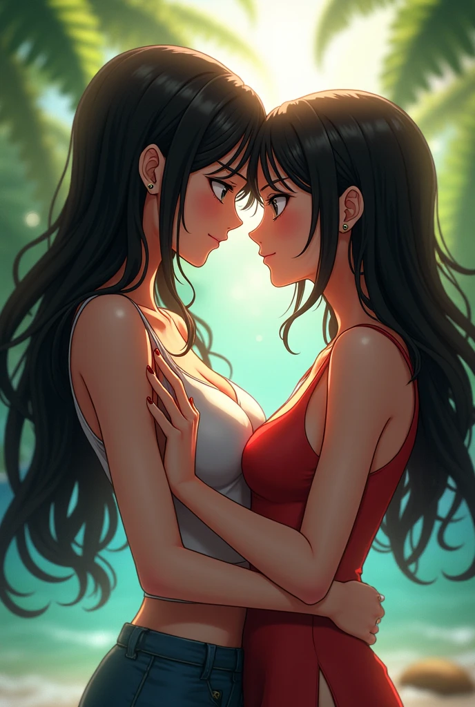 (Highest quality:1.3),Equal height、Sandy beach with a view of the sea、幼いgirl、Low length、Many people々、girlがいっぱいいる、複数のgirl，たくさんのgirl、大勢のgirl、Long black hair，Face to face, staring at each other，Embrace each other，Body close、girlの写真、Holding hands and facing each other、向かい合ったgirlの写真、Push each other、Put together、,Highest quality,girl、girlがいっぱい、向かい合うgirl、While hugging each other、、向かい合いEmbrace each other、Quite large breasts、Super big breasts、Very large breasts、Big cleavage、Bra with cleavage visible、Skinny jeans