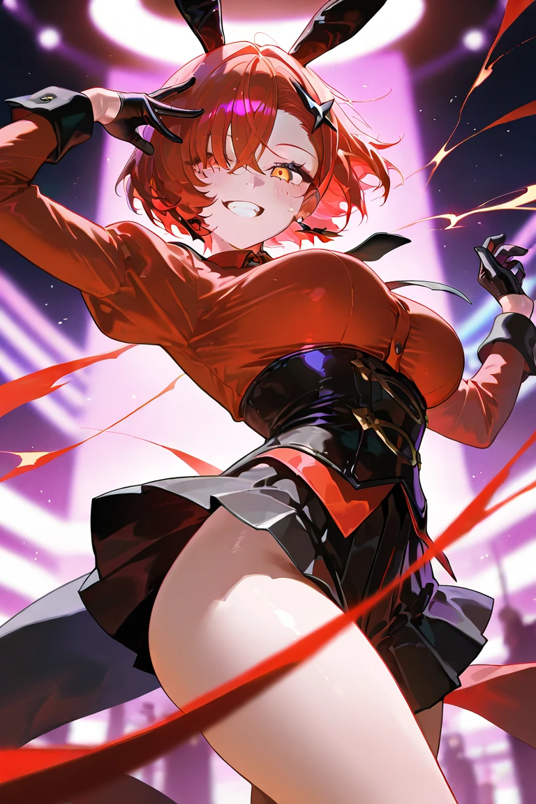 1girl, solo, masterpiece, best quality, black leotard, long sleeves, pirate costume, (pirate hat, pirate boots), body infused with electricity, lighting, particles, redhead, green eyes, blue aura, energy field, full body shot, depth of field, looking at viewer, spread arms, bare legs, medium breasts, bob hair, perfect anatomy, perfect hands, tall body, belt